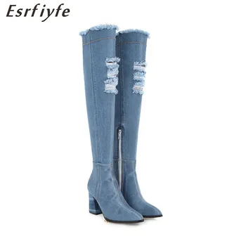 

ESRFIYFE 209 New Denim Woman Over The Knee Boots Square High Heels Pointed Toe Tight Fitness Elastic Jeans Zip Sexy Shoes Woman