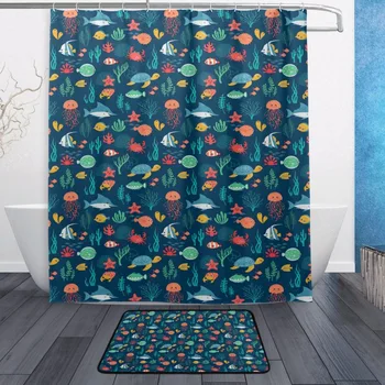 

Decorative Waterproof Polyester Shower Curtain 152cmx183cm With Hooks Non Slip Doormat Bathroom Floor Mat Fish Turtle Jellyfish
