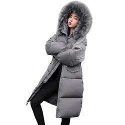 Зимние толстые теплые хлопковая куртка Для женщин Тонкий модные однотонные женские парки с капюшоном с большой меховой воротник плюс
