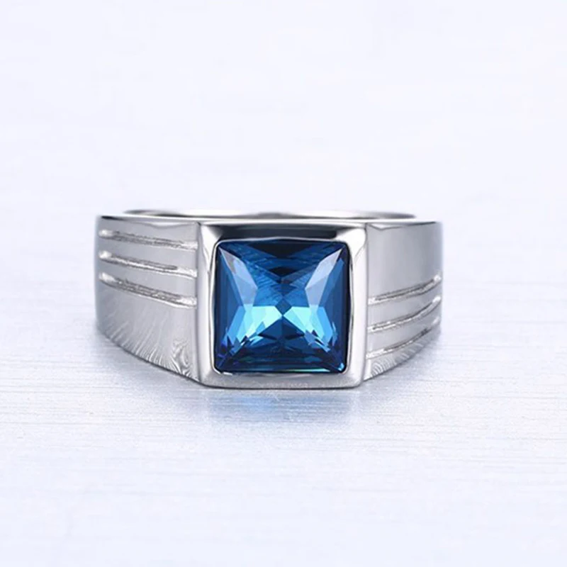 Trendy Promise Jewelry Anillo Men's Blue Stone Stainless Steel Rings for Men Fashion Wedding Engagement Ring Gift Bague Homme
