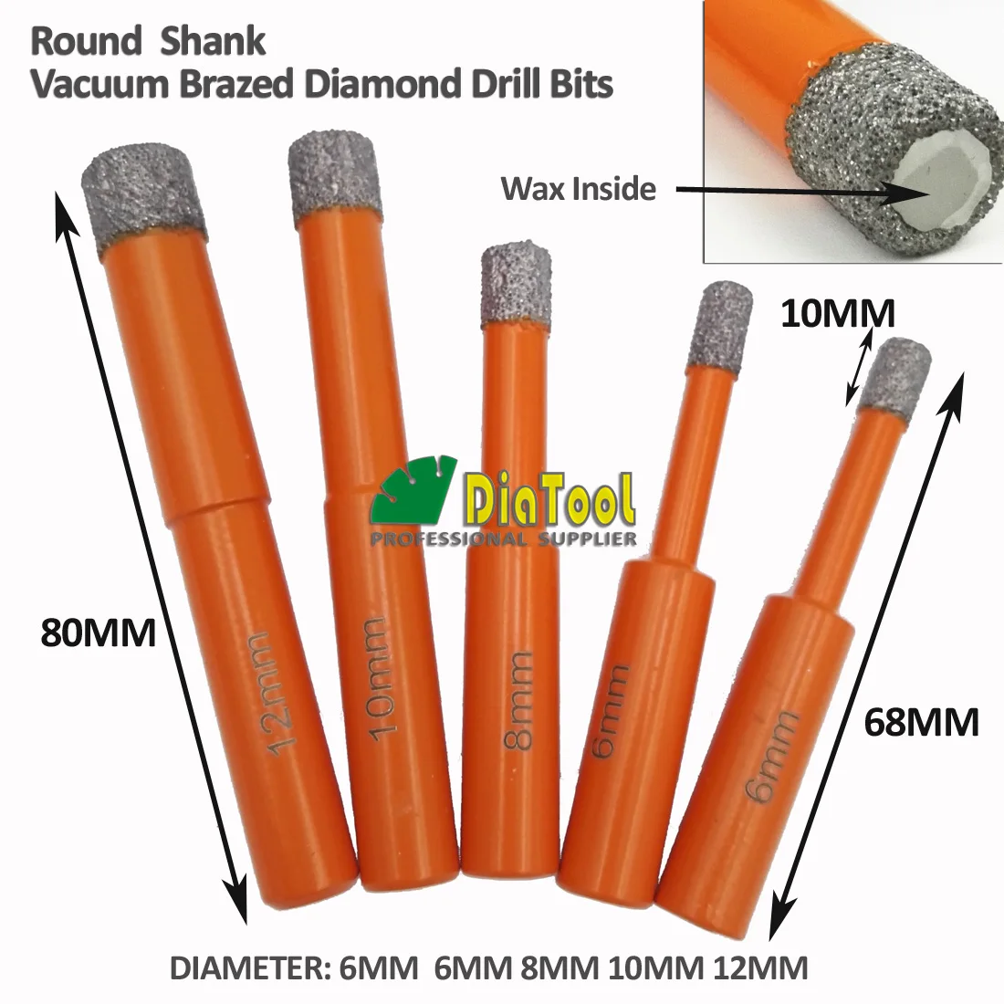 DIATOOL 5pcs/box 6/6/8/10/12mm Vacuum Brazed Diamond Dry drilling bits with Hex Or Round Shank