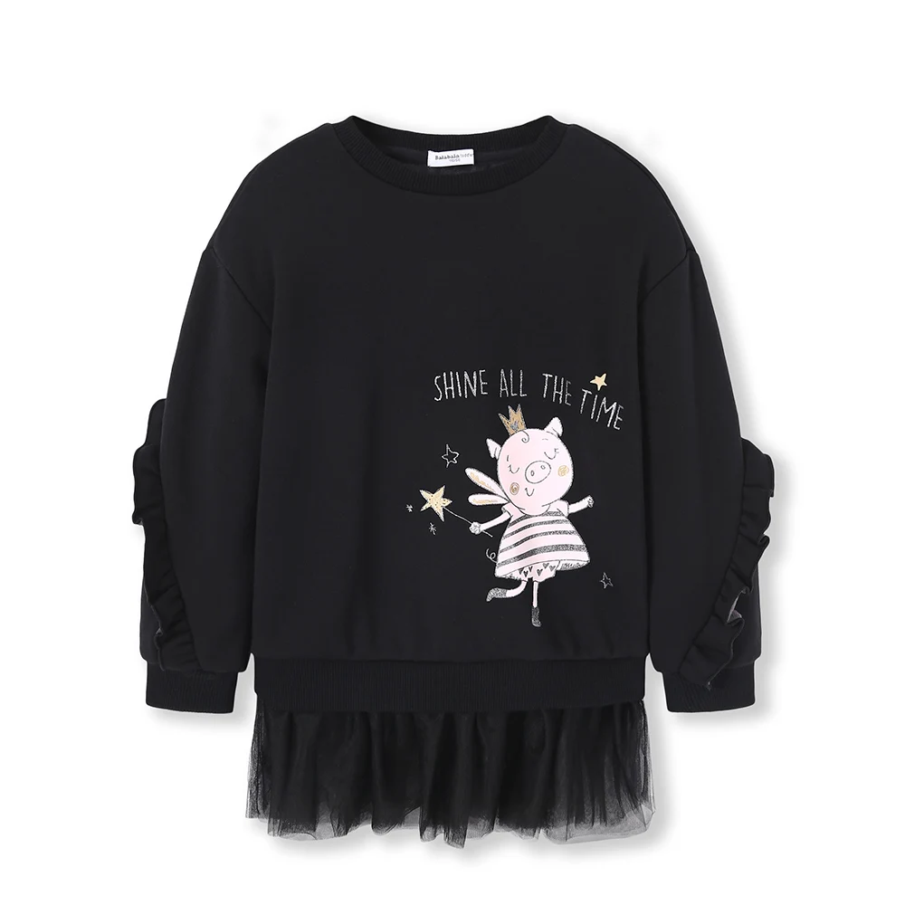 Balabala/комплект из двух предметов для маленьких девочек; свитер с оборками на рукавах и графическим принтом; Теплая юбка+ фатиновая юбка; комплект зимней одежды для детей - Цвет: black