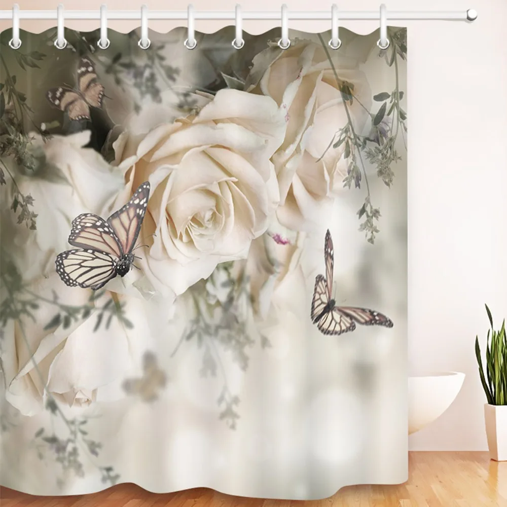 Roses Butterfly Flower White Shower Curtains Floral Leaf Waterproof Polyester Bathroom Curtain Fabric for Bathtub Decor