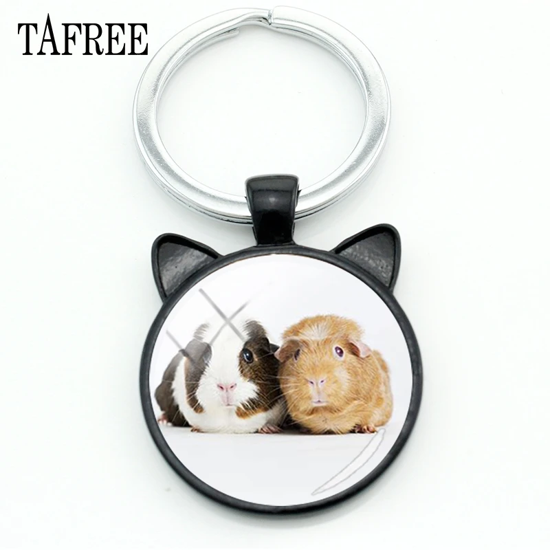 

TAFREE Cute Pets Guinea Pigs Black Keychain Cavy Picture Ear Shape Key Ring Glass Cabochon Dome Accessories QF821