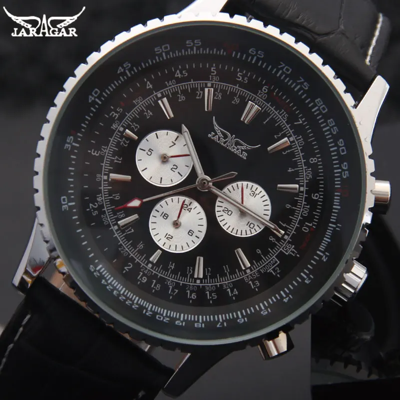 JARAGAR Brand Luxury Men Mechanical Watches Men's Automatic 6 Hands Genuine Leather Strap Watches Black Auto Date Wristwatches