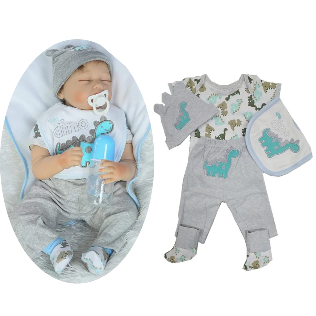 22-23inch Reborn Doll Baby Girl Boy Clothes Dinosaur Printed Rompers Pants Hat Bib Socks Reborn Baby Clothes Accessories