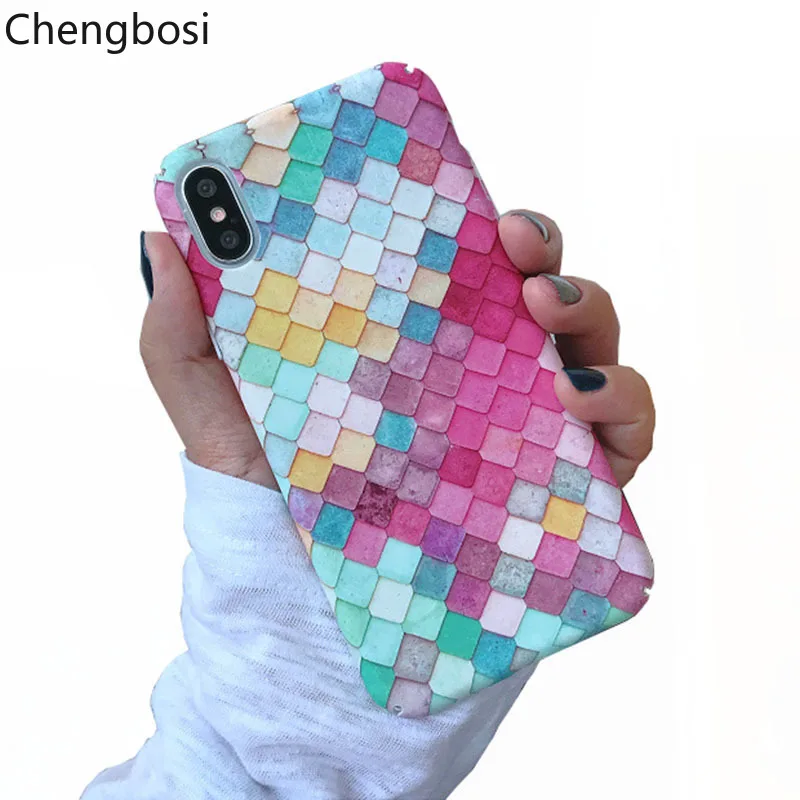 

Phone Case for IPhone XS X 6 6S 7 8 Plus Colorful Fish Scale Geometric Matte Hard PC Phone Back Cover Cases Hot Fitted Cases