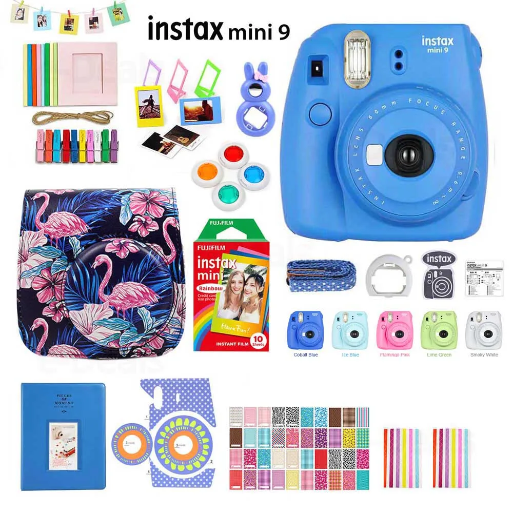 Фотокамера моментальной печати Fujifilm Instax Mini 9 5 цветов+ радужная пленка+ комплект аксессуаров-Чехол PU сумка+ альбом+ фильтр объектива+ наклейки+ рамка