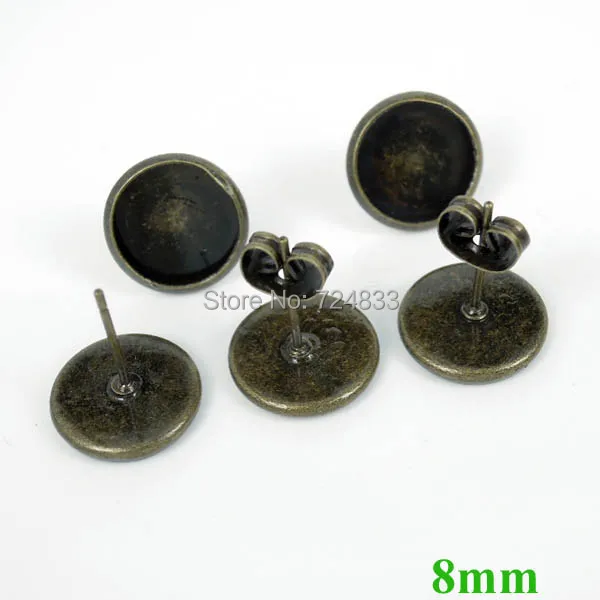 8mm Antique Bronze tone Blank Bases Round Bezel Pin Stud Earrings Post w/ Stopper Earring