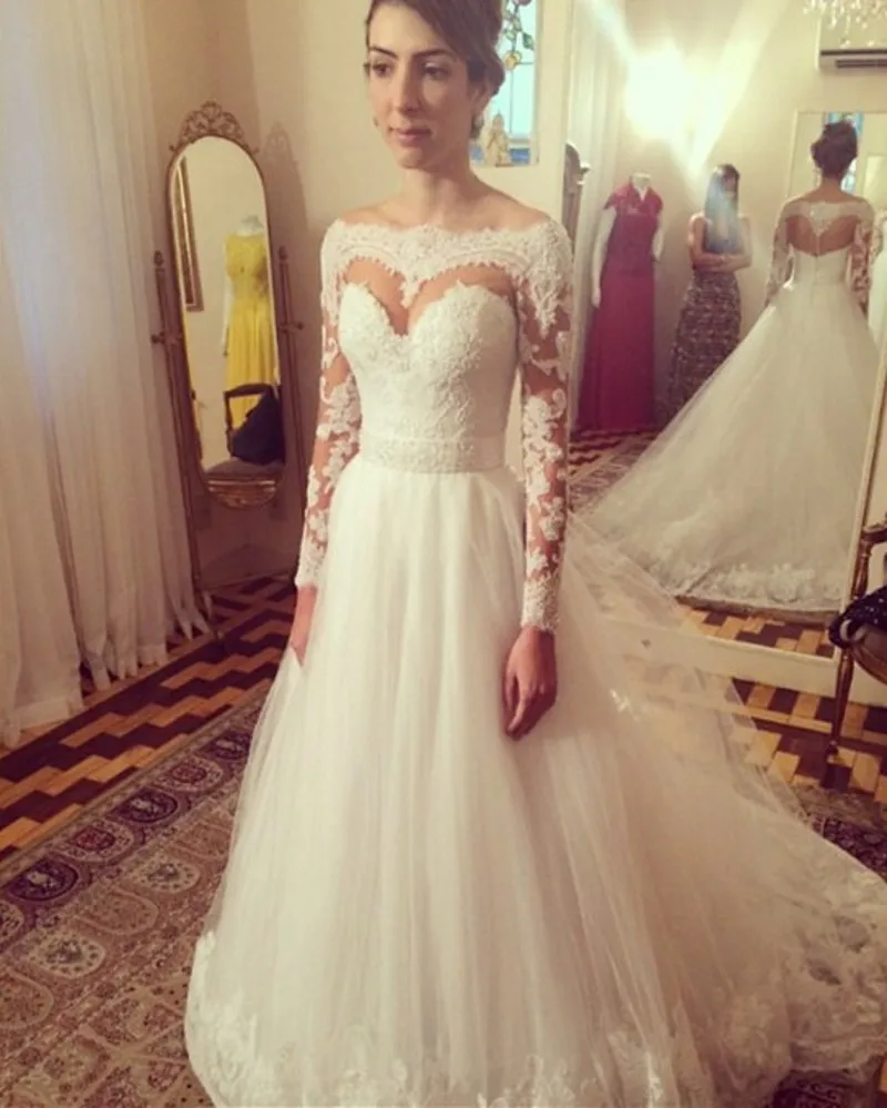 Vestido Де Noiva 2016 Sexy Boat Neck Аппликации Кружева С Длинным Рукавом Свадебное Платье A Line