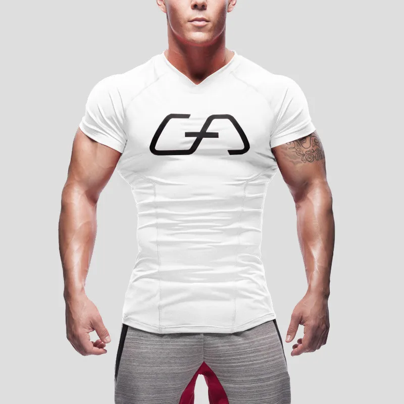 

2019 Mens Summer Fitness bodybuilding t Shirt Crossfit Muscle male Short sleeves Slim fit elasticity Shirts Quick dry Tee tops T