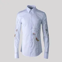Мужская Осенняя приталенная рубашка с вышитыми птицами и цветами размера плюс, мужская деловая Повседневная рубашка с длинным рукавом белого, черного и синего цвета