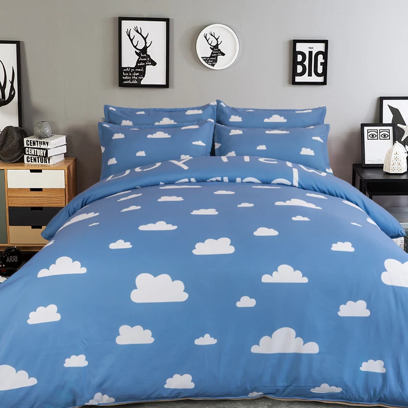 3 4pcs Blue Bedding Set With White Clouds Twin Full Queen Size