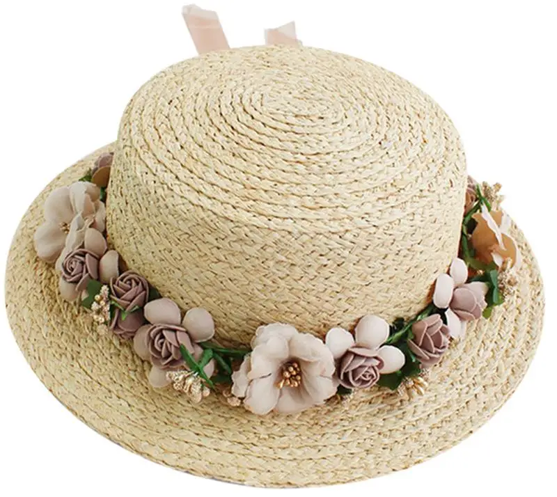 New Lady Boater Sun caps Ribbon Round Flat Top Straw Beach hat Panama Hat Summer Hats for Women Straw hat Snapback Gorras,3,Children Size