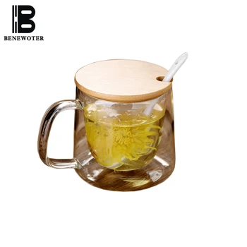 

260ml Transparent Double Layer Heat Resistant Glass Cup Offiee Mug with Cover Kit Milk Fruit Juice Handgrip Cups Sent Friends