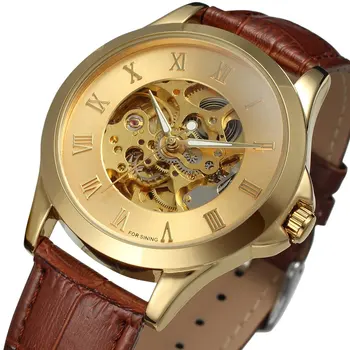 

FORSINING Luxury Watches Men Classic Roman Gold Skeleton Leather Band Dress Mechanical Automatic Wristwatch Relogio Masculino