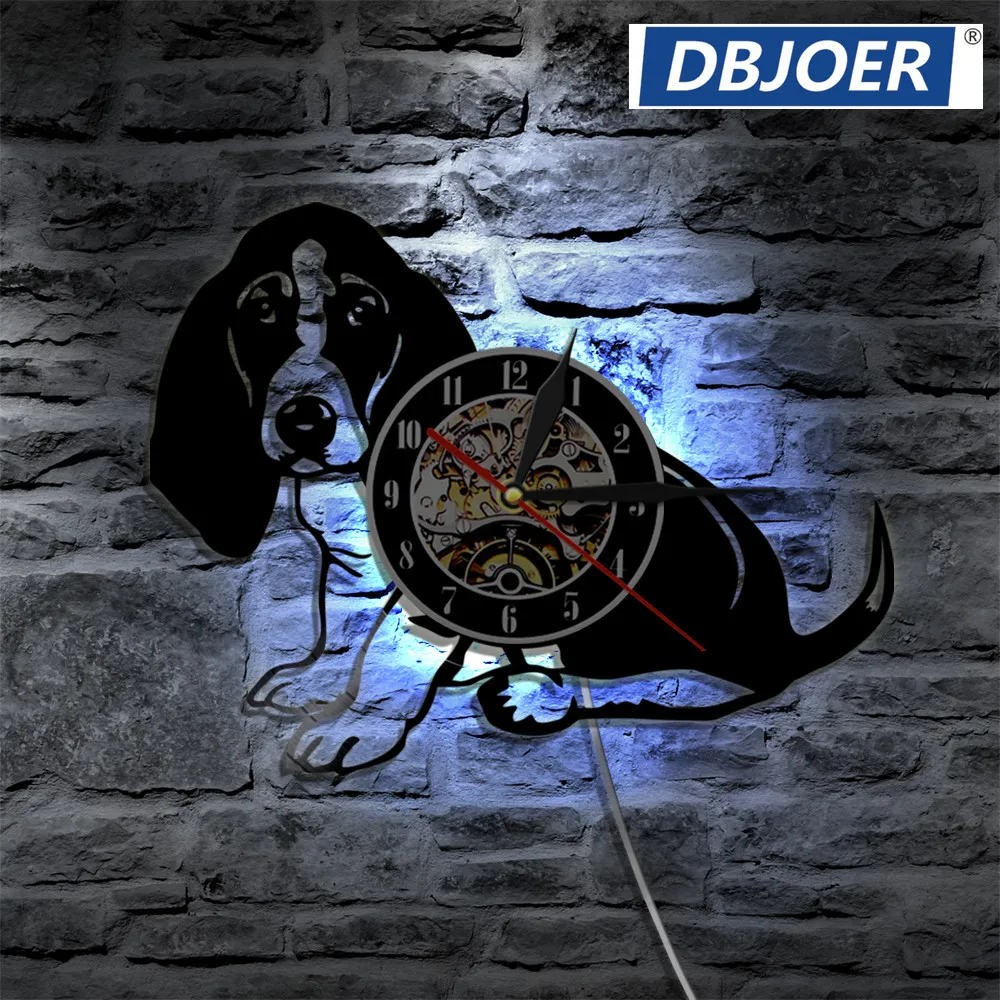 

Basset Dog Vinyl Record Wall Clock Animals Modern Vintage Wall Art LED Light Timepiece Handmade Gift For Dog Lover Clock