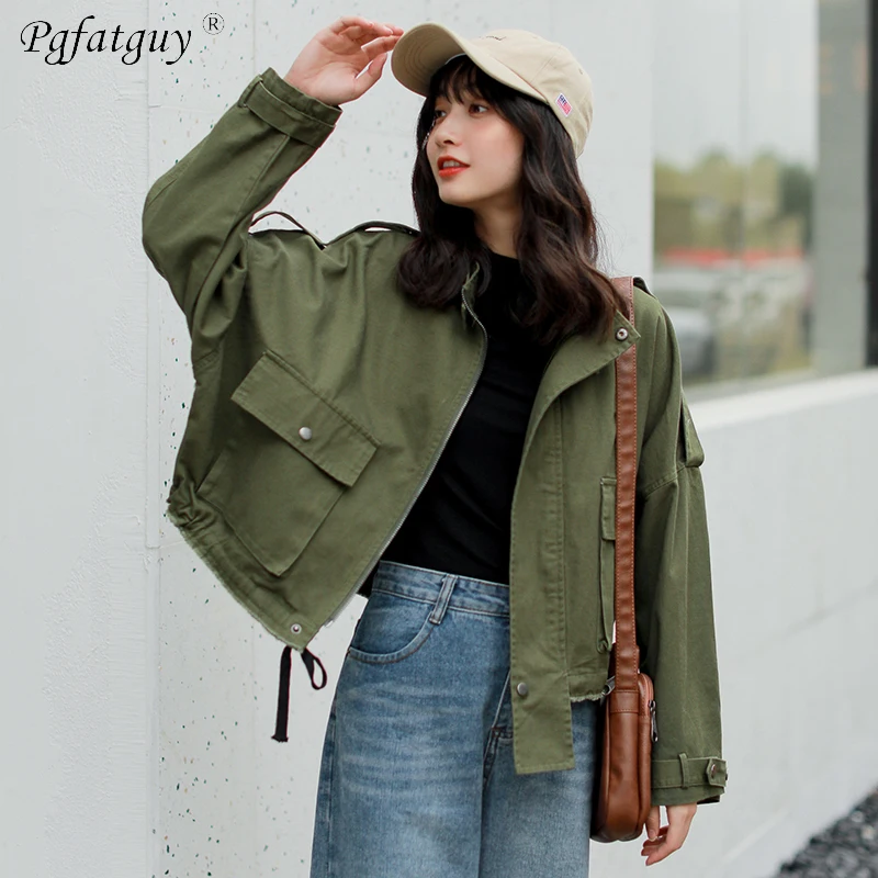 

Spring Women Big Pocket Cargo Denim Jacket 2019 Boyfriend Wind Jean Jacket Loose Long Sleeve Female Jeans Coats Army Green Beige