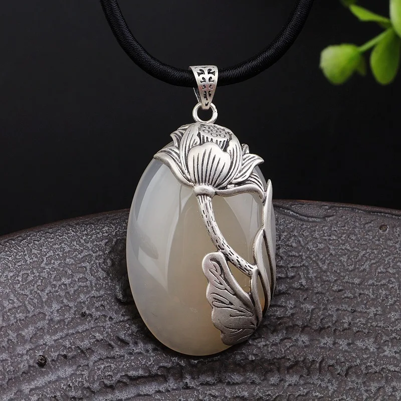 

silver wholesale new s925 pure silver inlay pomegranate red white jade pulp blue sandstone lotus sweater pendant female