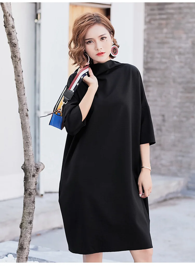 YSMARKET New Fashion Korean Autumn Dress Solid Color Batwing Sleeve Semi-high Collar Loose Large Size Casual Dress Women