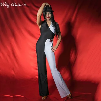 

Latin dance costumes new black and white cross backless dance jumpsuits with brapad for woman freeshipping