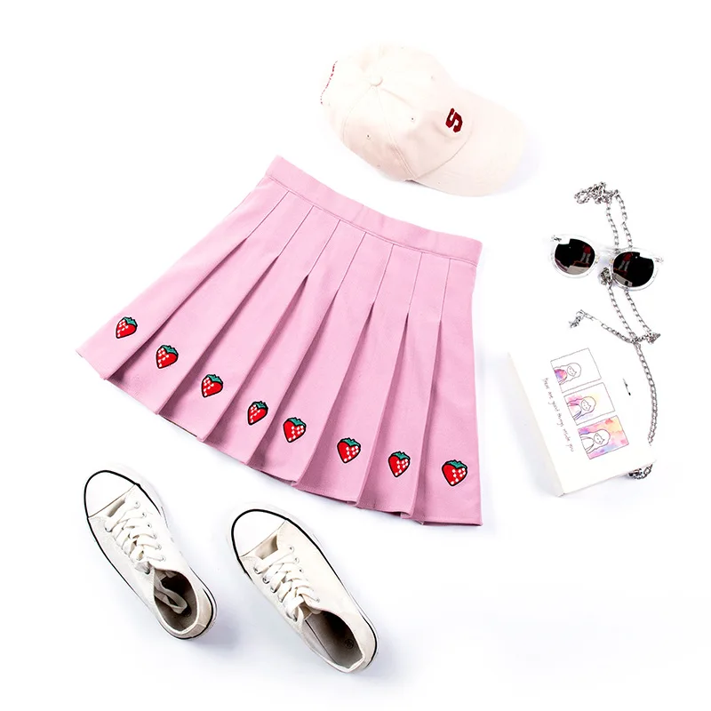 Women Pleat Skirt Harajuku Preppy Style Strawberry Print Skirts Mini Cute Japanese School Uniforms Ladies Jupe Kawaii Skirt