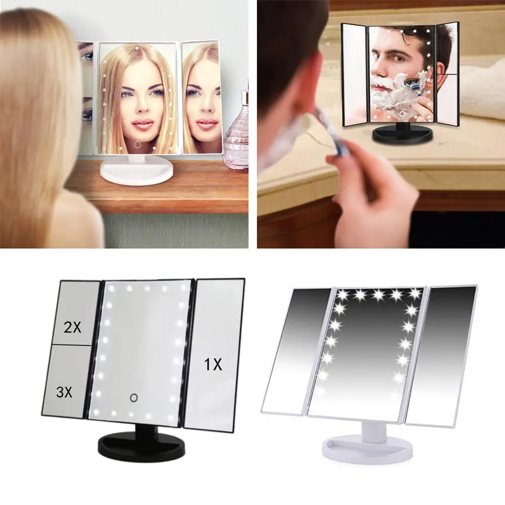 

22 LED Touch Screen Makeup Mirror 1X 2X 3X Magnifying Mirrors Battery USB Charging Tri-Folded Desktop Mirror Lights Beauty Tool