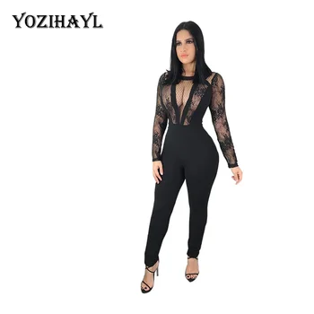 

YOZIHAYL Autumn Black Embroidery Transparent Lace Jumpsuits Women Long Sleeve Full Length Rompers O Neck Sexy Club Jumpsuits