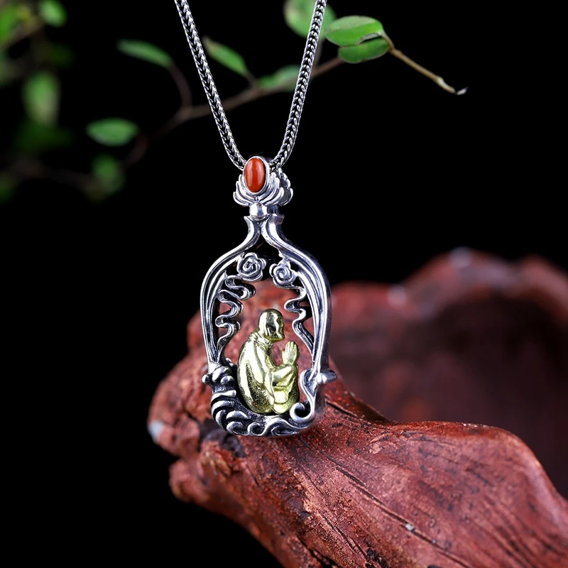 

LouLeur 925 sterling silver double sided agate Chanting monk pendants Buddhism element design pendants for women man jewelry