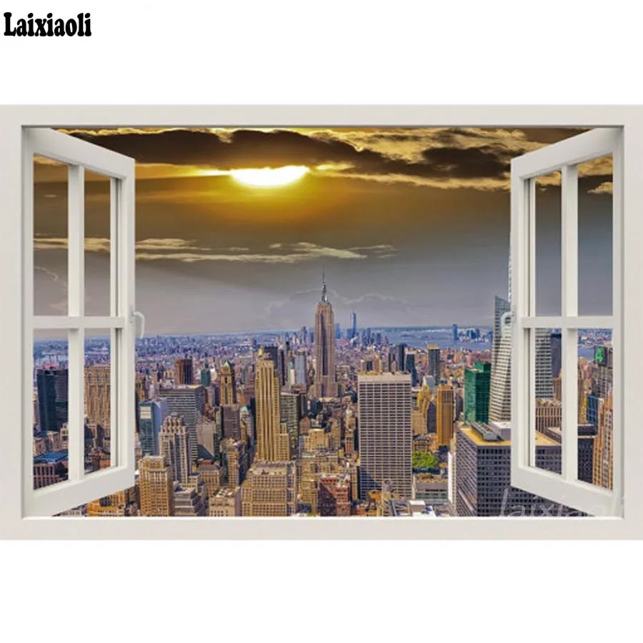 

5D DIY full diamond diamond painting Window outside landscape 3D mosaic diamond embroidery New York City night sunset view decor