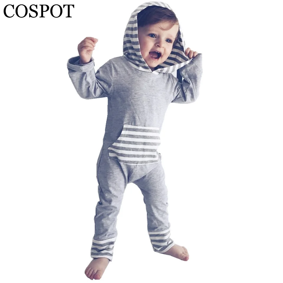 COSPOT Baby Boys Hooded Rompers Boy Winter Autumn Striped Jumpsuits