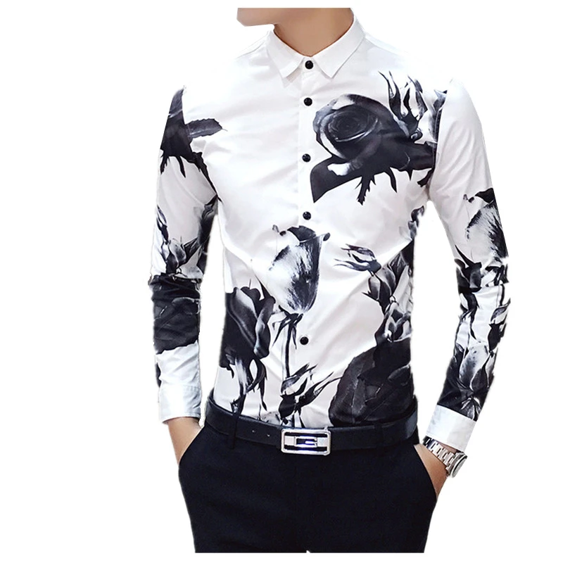 Men's Long Sleeve Floral Shirts S M L XL 2XL 3XL 4XL White Black