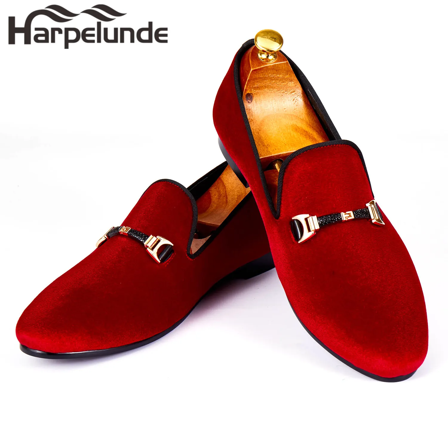 Harpelunde Men Red Velvet Loafers Buckle Wedding Dress Shoes Size 6 14
