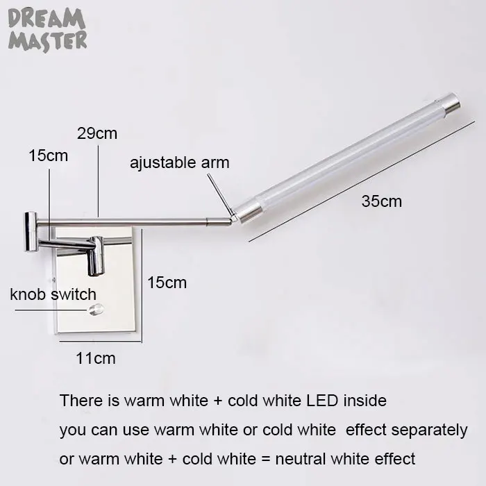 12W Stainless steel Bathroom mirror lights long arm LED wall lamp bedroom bedside LED reading lamp angle adjustable mirror lamps exterior wall lights
