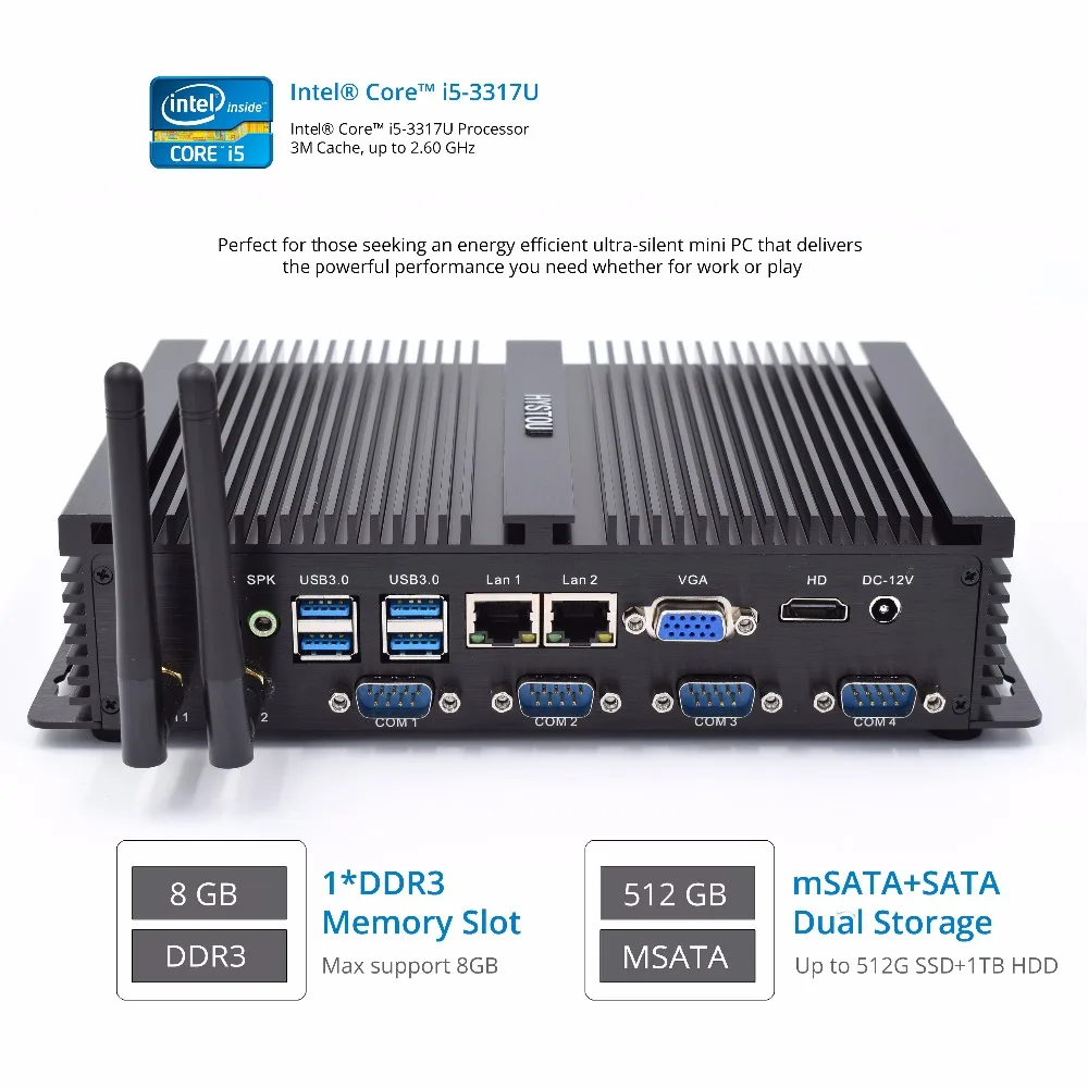 

Fanless Mini PC Industrial Computer Core i5 3317u with USB 3.0 Dual Gigabit Lan 4 COM HDMI VGA Intel Celeron C1007U Windows XP