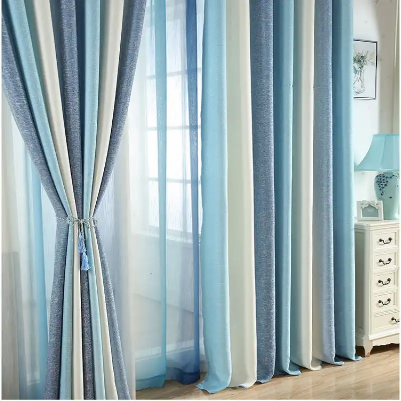 Blue Striped Printed Blackout Curtains For Living Room Modern