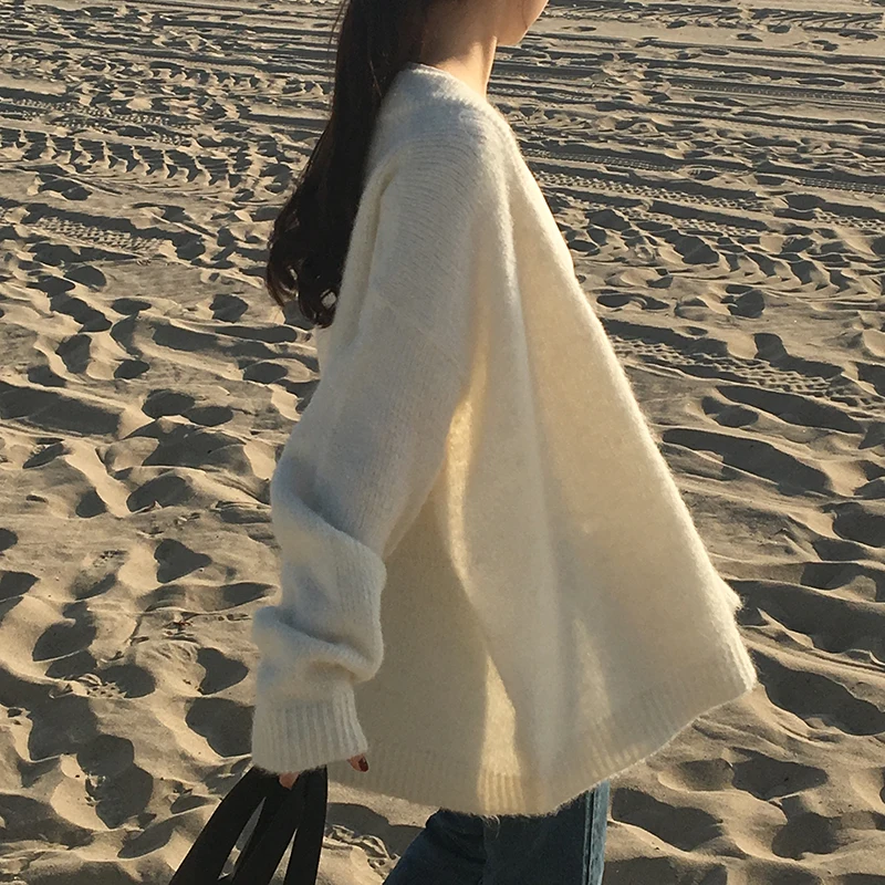 Корейский ins свитер с v-образным вырезом, кардиган, пальто, новинка, женский свитер, женский теплый свитер, толстый зимний вязаный свитер большого размера - Цвет: White thin