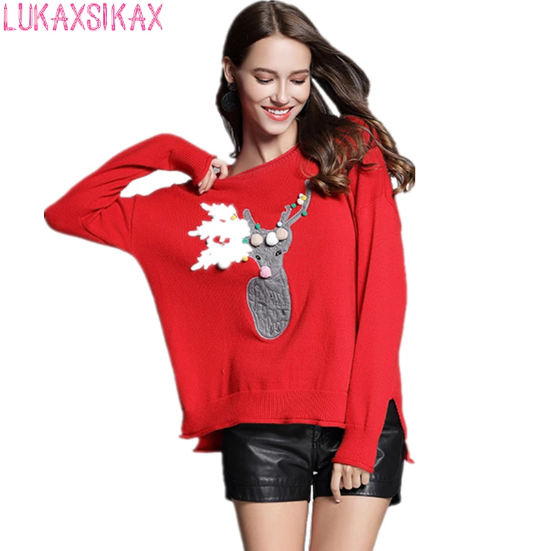 

New Year Specially Tailored Red Christmas Sweater High Quality Cute Deer Embroidery Loose Knitted Pullover Sweater