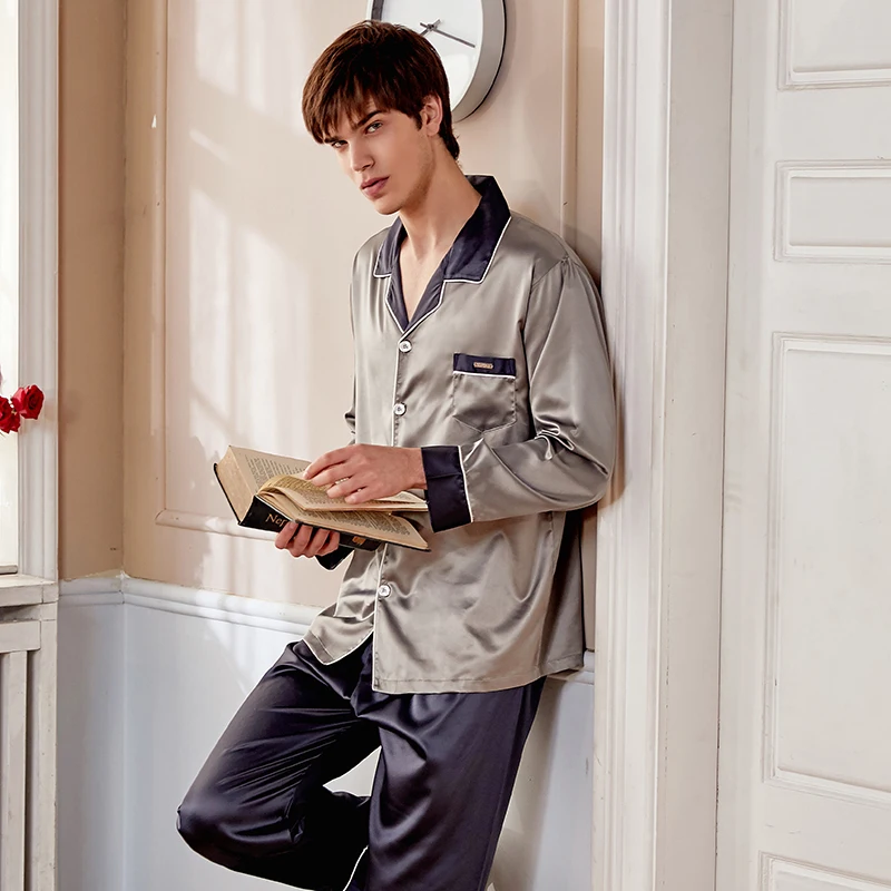 Xifenni Silk Pajama Sets Male Spring Summer New Faux SILK Sleepwear Man Two-Tones Long-Sleeve Nightwear 2-Pieces X9005