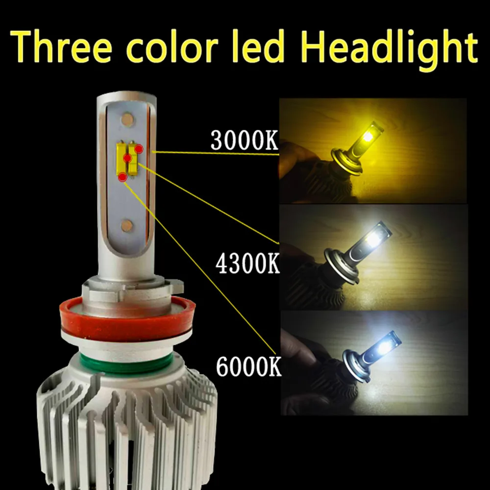 Shipping by DHL Car Tricolor 3Color LED Headlight T5 H1 H4 H7 H11 HB4 3000K 4300K 6000K Yellow White Dual Two Color LED Bulbs