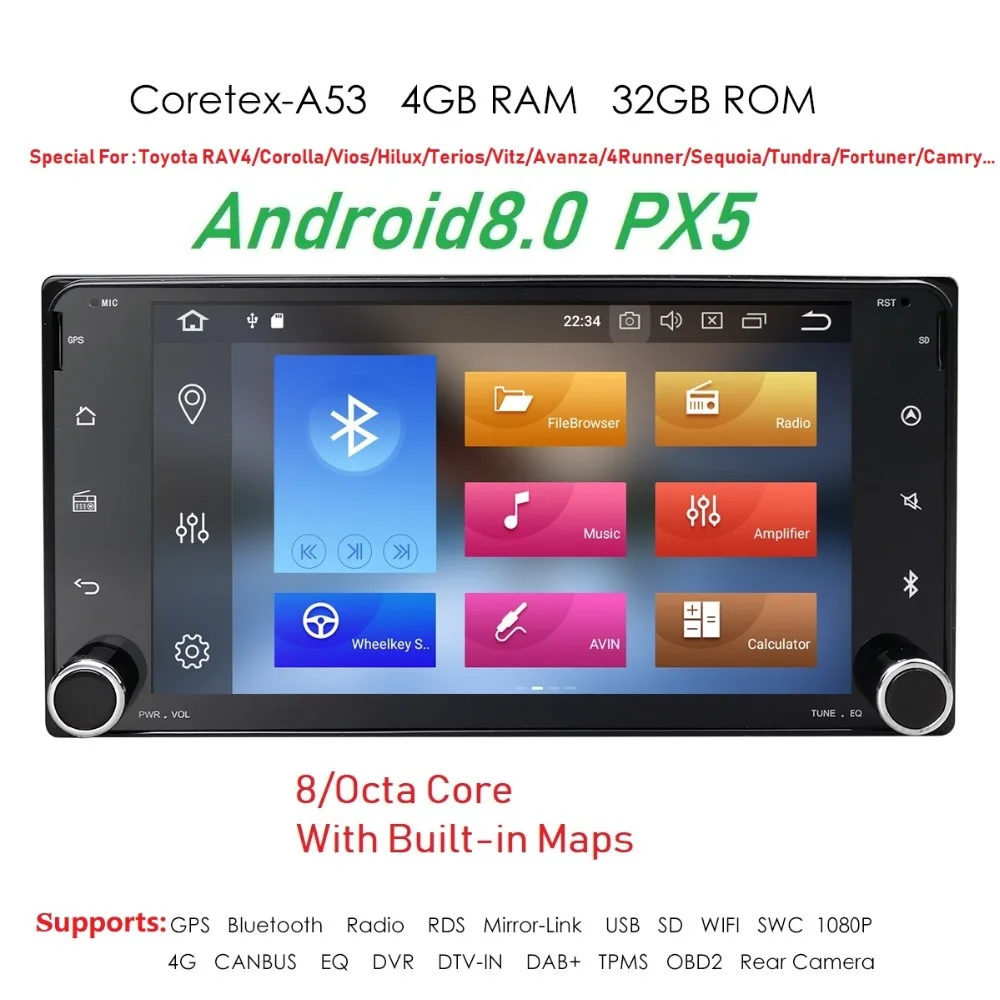 

7"Universal 2Din Car Android 8.0 Radio Multimedia Player Fit Toyota 4GB+32G GPS Navigation Fast Boot TPMS DVR DAB+SWC BT DVBT SD