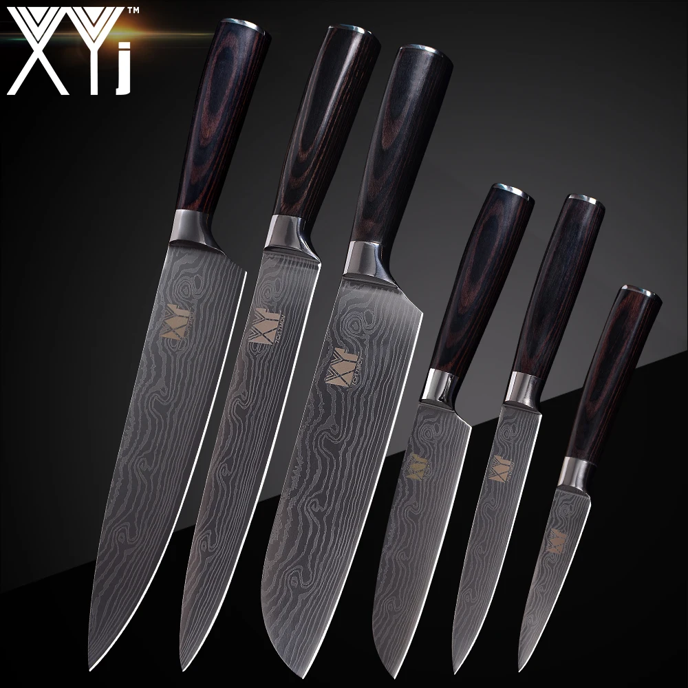 XYj высококачественный набор ножей из нержавеющей стали с цветной деревянной ручкой дамасский узор острое лезвие кухонный нож аксессуары инструменты для приготовления пищи