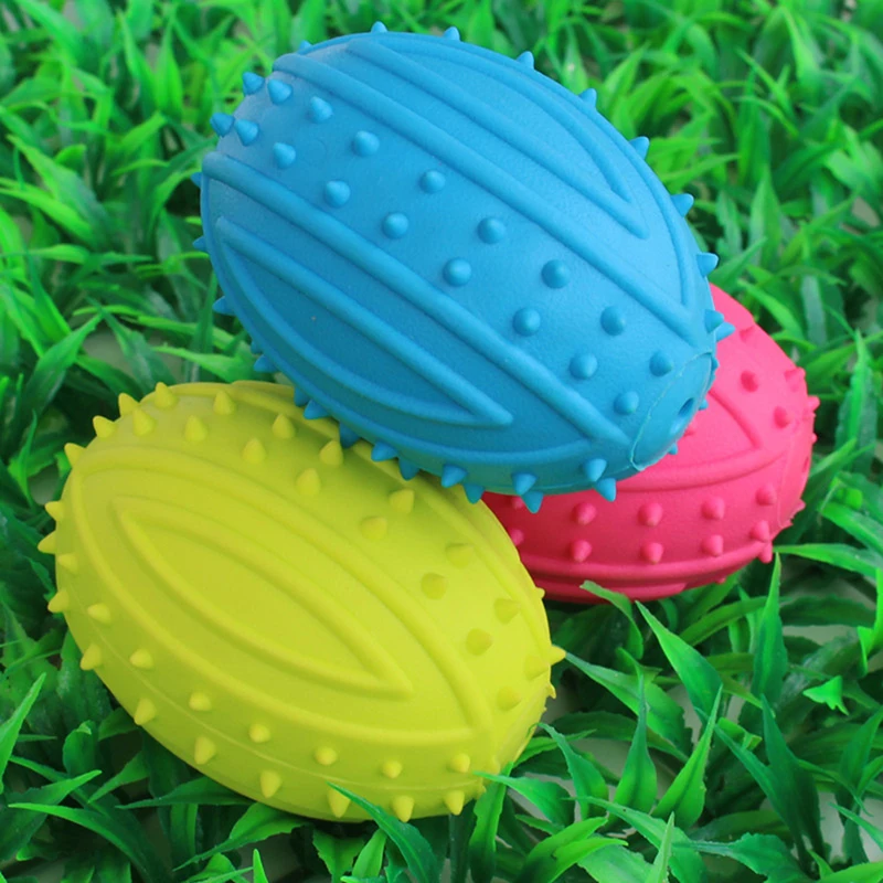 Dog Rubber Chew Toy Clean Squeaky Squeaker Training Play Rugby Ball Pet