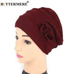 BUTTERMERE Для женщин ворс шапка-чулок дамы цветок хлопка индии Beanies turban платок-бандана Головные уборы Бургундия мусульманская Skullies