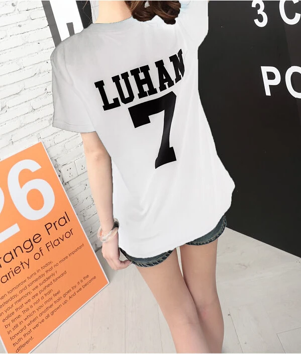 Летняя футболка с надписью Exo, женская футболка Харадзюку с круглым вырезом и коротким рукавом, женские топы, черная белая футболка, женская футболка - Цвет: same as picture