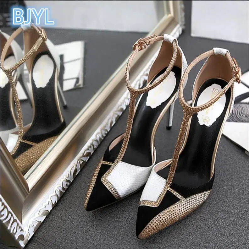 BJYL Female summer 2018 new rhinestone sexy fine with Baotou leather pointed super high heel shoes