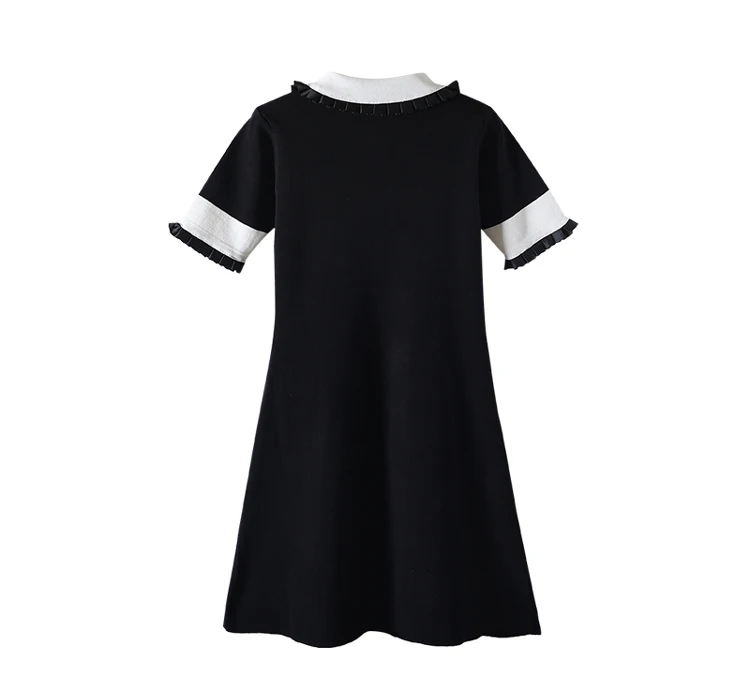 Trytree Autumn Winter Women Dress Casual Peter pan Collar Bow Embroidery Pocket Shirt Dresses Knitting Black Straight Mini Dress