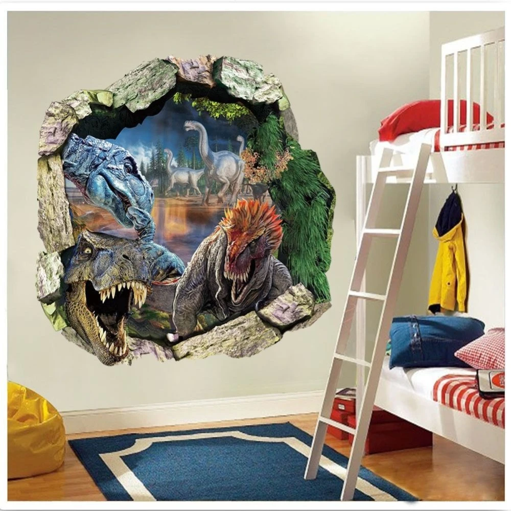 XCSJX50cmx50cm Effet 3D Jurassic Park World Dinosaures de Film /à Travers des Autocollants muraux pour Les Chambres denfants d/écoration Stickers muraux Affiche Murale