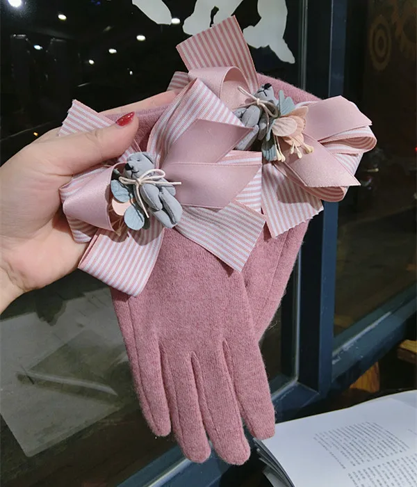 Новый корейский сенсорный экран Перчатки шерсть с бантом теплые вязаные женские цветок кашемир Весна Зима Перчатки толстые розовый черный