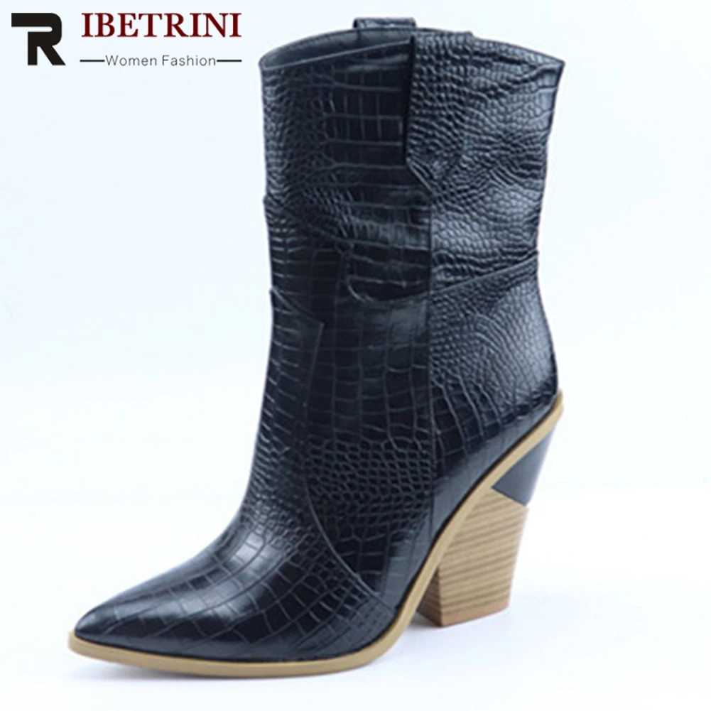 

RIBETRINI Western Boots Woman Fashion Slip On Snake Prints Strange Wooden Heels Shoes Pointed Toe Ankle Boots Plus Size 33-46